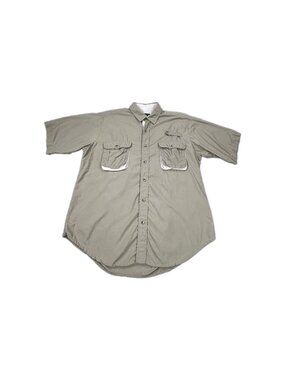 Sportif USA Shirt Mens Large Khaki Utility Curved Hem Short Sleeve Button Up
